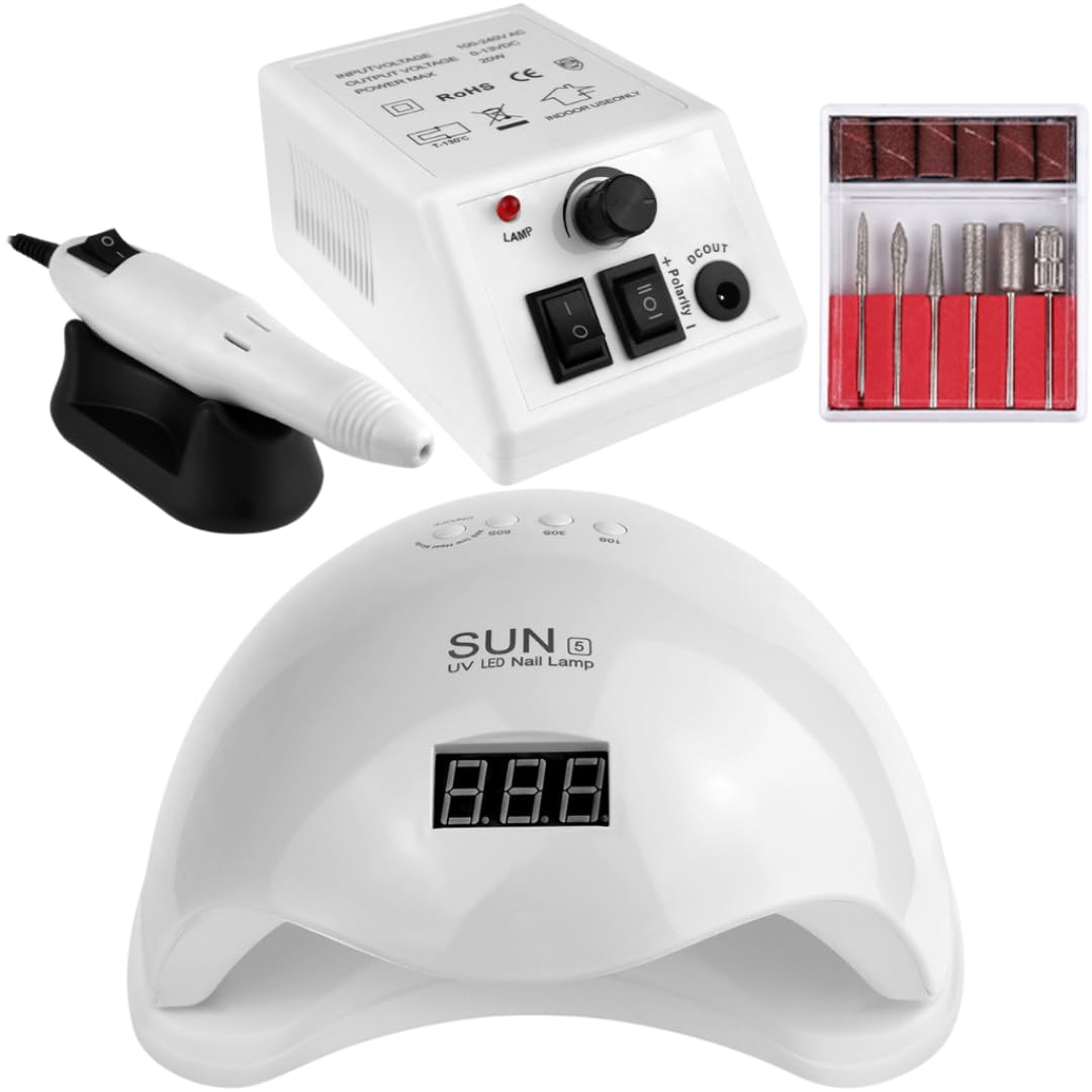 kit cabine sun 5 48w com lixadeira motor mercedes profissional para unhas de gel, porcelana e fibra bivolt (branco)