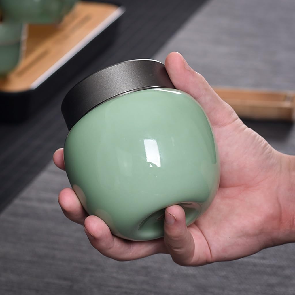 SONGCHAO Sugar Jar Celadon Tea can, Ceramic Sealed, Portable Travel Storage, Home Box Tea Canister(A)