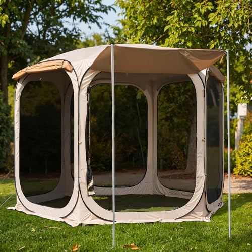 EAST OAK 10×10 FT Pop Up Canopy Tent with Mesh Walls | Outdoor Screen House with 6 Sunshades | Waterproof Gazebo with Carry Bag | Portable Shelter for Camping, Patio, and Beach | Beige