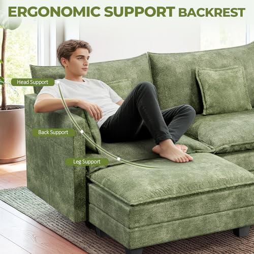 Image of LEVELEVE 112.5 inch L-Shape Modular Sofa with 1 Ottomans, Deep Seat Cloud Convertible Sleeper, 3 Throw 2 Arm Pillows, Comfortable Upholstered Furniture for Living Room Apartment, Green