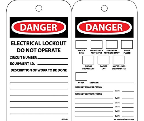 JMTAG4 Unrippable Vinyl 015 National Marker Danger Electrical Lockout Do Not Operate Tag (Pack of 10)
