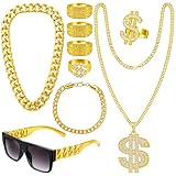 QZYL 9 Pcs 80s 90s Outfit Rapper Costume Accessories, Old School Hip Hop Costume, Fake Gold Chain Rapper Ring Dollar Sign Chain Sunglasses, Hip Hop Cosplay Accessories for Halloween Dress Up Parties