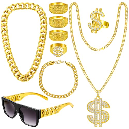 QZYL 9 Pcs 80s 90s Outfit Rapper Costume Accessories, Old School Hip Hop Costume, Fake Gold Chain...
