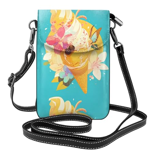 Petit sac à main pour téléphone portable fleur crème glacée étui rabat cuir femme 19,3x12,4 cm