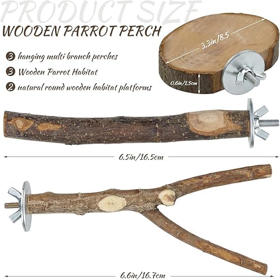 Image of 8 Pieces Natural Wood Bird Perch Wooden Parrot Perch Stand Fork Toys Hanging Multi-Branch Perch Platform Hammock Swing Toy for Macaws, Small Parakeets, Conures, Budgies, Finches