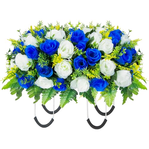 Artificial Headstone Flower Saddle, Cemetery Flowers for Graveside, Memorial Grave Flowers for Cemetery Tombstone Headstone Decoration (Blue with White) image 7