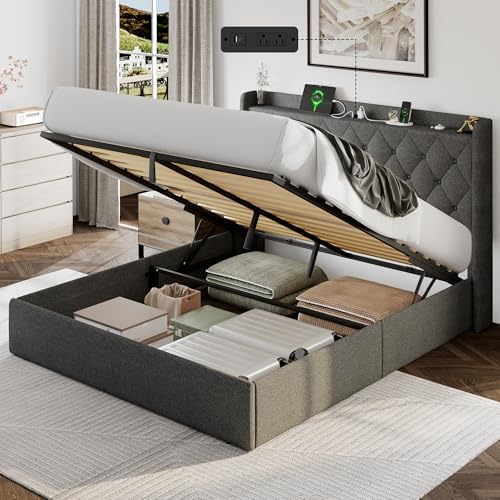 Einhomn Queen Size Lift Up Storage Bed Frame with Charging Station, Upholstered Bed Frame with Storage, No Box Spring Needed, Noise-Free, Hydraulic Storage, Easy Assembly, Dark Grey