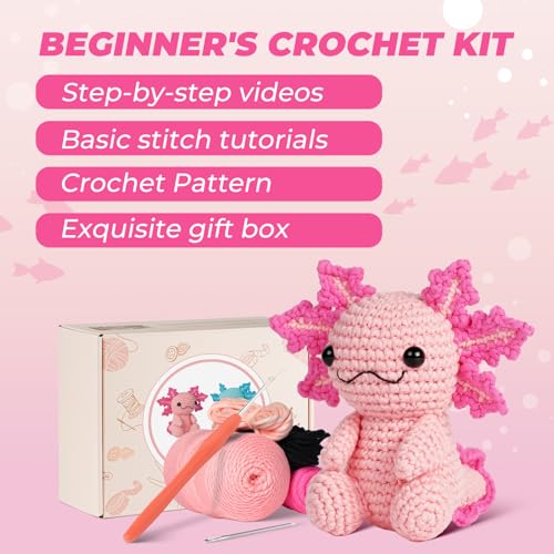 Image of Gipony Crochet Kit for Beginners, Crochet Animal Kits,Crocheting Kit for Starters with Step-by-Step Video Tutorials, Beginner Crochet Kit for Adults (Axolotl 1Pack)
