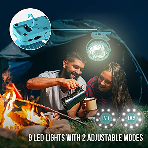 Camping-Fan-with-LED-Light-12000mAh-65Hrs-Battery-Powered-Portable-Rechargeable-Use-As-Power-Bank-Clip-On-Tent-Fan-for-Camping-Camp-Fan-for-Tent-Ceiling-Fan-for-Tent-RV-Bed-Blue