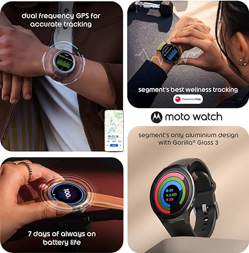 Image of Motorola Moto Watch, 1.4 OLED, AOD, Auto-Brightness, Dual Band GPS, Powered by Polar Smartwatch (Pantone Volcanic Ash Band Strap, Free Size)