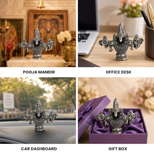 Image of VAMA Lord Balaji Face Idol | Pure Silver-Plated 4-Inch Venkateswara Face Statue | Tirupati Balaji Idol | Elegant Spiritual Showpiece for Devotees | Perfect for Home Temple, Car Dashboard, or Gifting