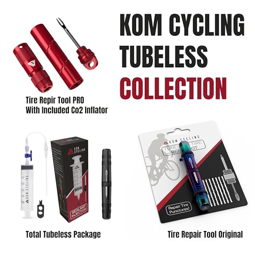 Image of KOM Cycling Tubeless Tire Repair Kit for Bikes - 8 Colors! Fixes Mountain Bike and Road Bicycle Tire Punctures - Includes Tire Repair Fork and Reamer, 8 Bacon Strips. Tubeless Bike Tire Repair Kit