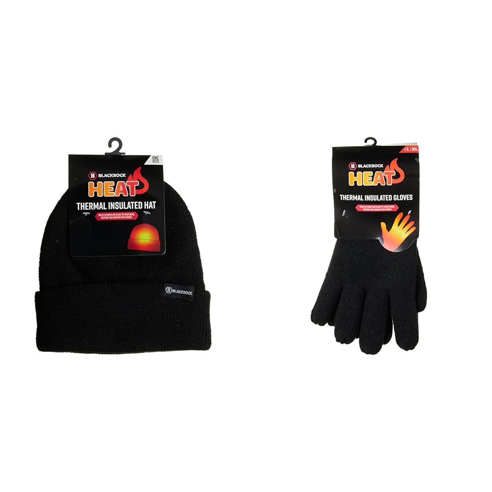 Blackrock Men's Black Thermal Insulated Beanie Hat, Fleece Knitted Winter Ski Hat, Heat Lined Gloves, Single Unit