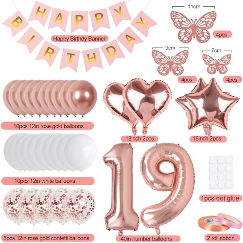 Image of Rose Gold 19th Birthday Decorations for Girl Women, 19 Year Old Sign with Happy Birthday Banner, 40In Number 19 Foil Birthday Balloons, Butterfly Decorations, Heart and Star Balloons