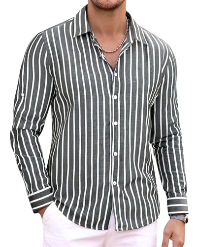 Alex Vando Mens Linen Long Sleeve Casual Button Down Shirt for Men Beach Wedding Shirts