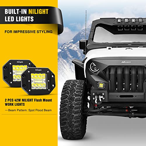 Image of Nilight Front Bumper Grill for 2007-2015 2016 2017 2018 Wrangler JK&Unlimited 2 /4 Doors with Winch Plate 2x42w LED Work Light Pods Textured Black Solid Steel Off-Road