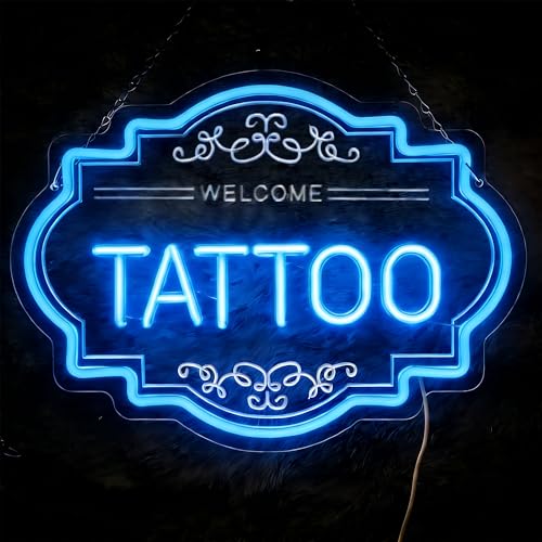 Image of Tattoo LED Neon Sign, 14 x 11 In Dimmable Light Up Wall Decor | USB Powered Dimmable Light up Tattoo Signs Decor for Bussiness Shop Studio & Salon, Gift for Artists, Include Hanging Chain