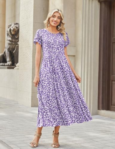 Image of Zeagoo Summer Dresses for Women 2026 Maxi Bohemian Floral Short Sleeve Long Dress Casual Flowy Tired Beach Sundress