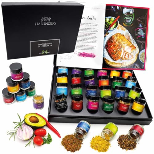 Hallingers Genuss Manufaktur Gewürze Geschenkset mit Kochbuch – 24 Premium Gewürze aus aller...