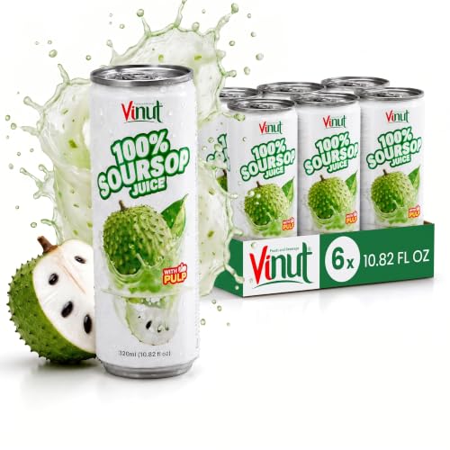 Image of VINUT 100% Soursop Juice with Pulp (Guanabana, Graviola), No Added Sugar, Not From Concentrate, Gluten Free & Non-GMO Drink, 100% Vegan /Plant-Based, 10.82 fl oz Cans (Pack of 6)