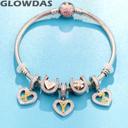 Image of GLOWDAS 18K Gold Plated Letter Charms Initial A to Z Necklace Pendant, 925 Sterling Silver CZ Heart Dangle Alphabet Beads fit European DIY Bracelet, Gifts for Valentiens /Christmas /Family