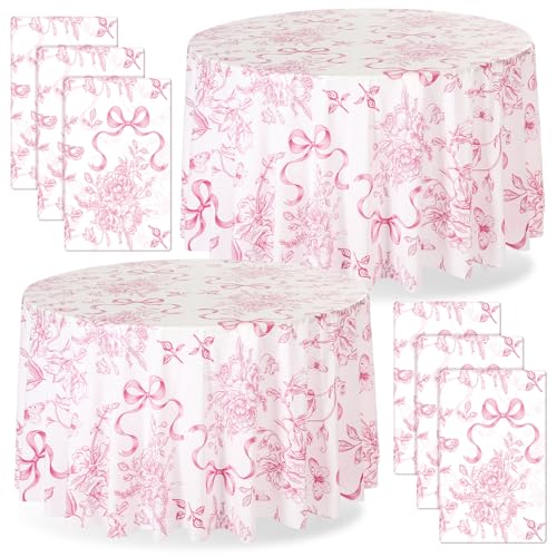 Image of Ganeen 6 Pcs Pink Bow Floral Tablecloths 84 Inch Plastic Round Table Covers Waterproof Coquette Birthday Party Decoration Pink Floral Table Covers for Women Bridal Baby Shower Bachelorette Party Decor