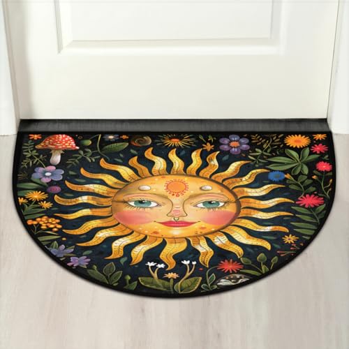 Image of Half Round Doormat Boho Flower Sun Non Slip Half Circle Area Rugs Indoor Washable Half Moon Rug Semi Circle Bathroom Runner Mat Entrance Floor Carpet for Kithen Bedroom Fireplace Decor