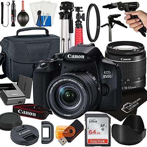 Canon EOS 850D / Rebel T8i DSLR Camera with 18-55mm Zoom Lens + Platinum Mobile Accessory Bundle Package Includes: SanDisk 64GB Card, Case and More (21pc Bundle) (18-55MM Lens, 64GB Card)