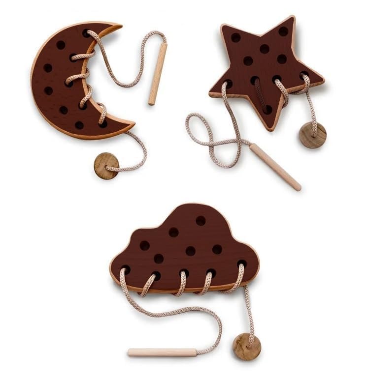 ANAIZA Wooden Lacing Toy for 2 Years Todller Skills Development Toy for Toddlers Montessori Materials for Learning Sewing Kit for Kids Montessori Toys (Brown, Star) 3