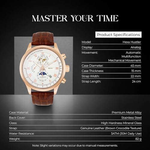 Image of HEXA Hustler Automatic Mechanical Watch for Men | Multifunction Analog Dial | Leather Strap | 45 mm Round Case | Mineral Glass | 3ATM Water Resistant Luxury Watch