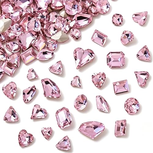 48 Pcs Big Mix Sizes Different Shape Nail Rhinestones 12 Styles 3D Glass Crystals Diamonds Love Distorts Heart Super Shiny Charms Gems Stones DIY Nail Art Decoration Craft Jewelry (Pink)