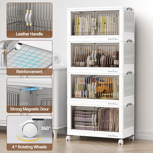 300Qt Stackable Storage Bins with Lid, Extra Large Closet Organizer Collapsible Drawer Boxes with Wheels, Folding Plastic Cabinet Containers for Home Kitchen Room Organization, 5Pack White