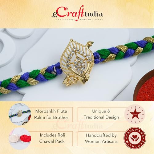 Image of eCraftIndia Morpankh Flute Rakhi for Brother Bhaiya Bhai with Best Bro Ever Fridge Magnet | Roli Chawal Pack