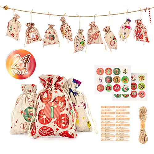 MUSCCCM Calendrier de l'Avent de Noël Sacs-cadeaux de Noël 24 sacs en toile de jute Sacs-cadeaux de fête de Noël en jute Décor de Noël 24 pinces en bois 24 autocollants numérotés 1 paquet de corde Cover
