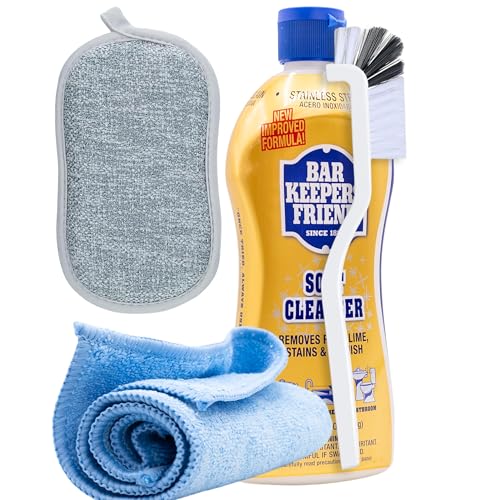 13 oz All-Purpose Soft Cleanser Bundled with Brush, Scrub Sponge, and Microfiber Towel | Powerful Rust, Lime, Stains & Tarnish Remover for Sparkling Cookware, Kitchen Surfaces, and Bathroom Fixtures