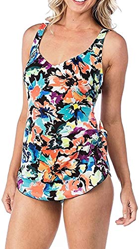 Maxine Of Hollywood Women's Side Tie Wide Strap Sarong Swim Dress One Piece Swimsuit, Black/Green/Pink/Blossom, 10