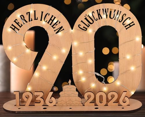 Giftota - 2026 Originelle 90 Geburtstag Geschenk Frauen & Männer - Geldgeschenke Geburtstag 90 mit LED Lichterkette Ständer - Holz-Schild Gästebuch - 90 Geburtstag Deko - Personalisierbares Geschenk