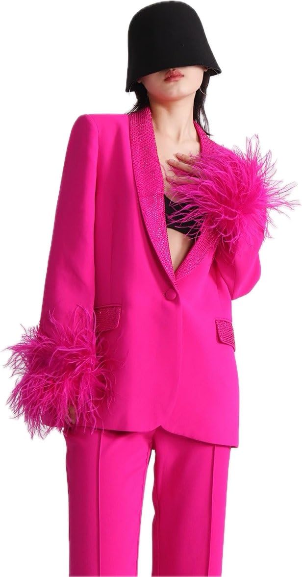 NU-225 Womens Fashion Shiny Diamonds Suit Jacket with Fluffy Real Ostrich Feather Cuff Trim Long Pants Set