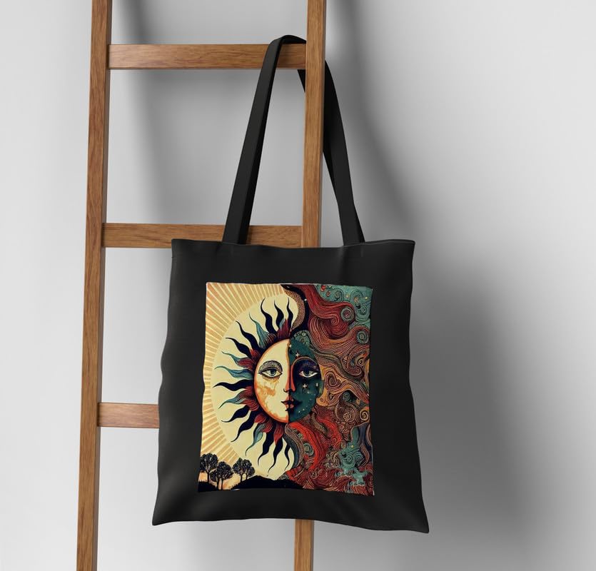 Image of Black Tote Bag With Pocket Printed Designed Canvas Tote Bags For Women large capacity,Tote bag For Shopping, College, Travel, More Canvas Handbag For Unisex Bag