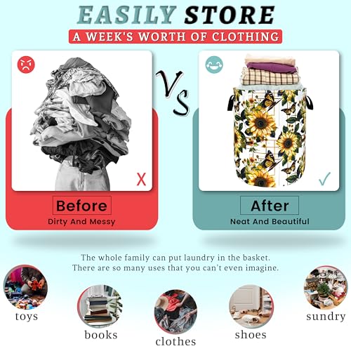 Image of Sunflower Butterfly Laundry Basket Oxford Cloth Hamper 18.9x16.5 Inch | Foldable With Handle Tote Bag Floral Laundry Hamper Clothes Storage Bucket Toy Organizer For Bathroom /Laundry /Bedroom