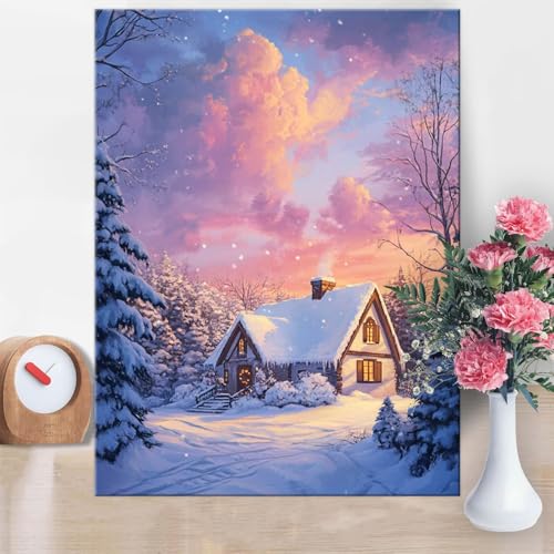 Pintar por Numeros Adultos Escena nieve, Pintar por Numeros Casas DIY Painting by Numbers Kits, con Lienzo Sin Arrugas, Pinceles y Pintura Acrílica para Decoración el Hogar Regalos 30x40cm W1-155