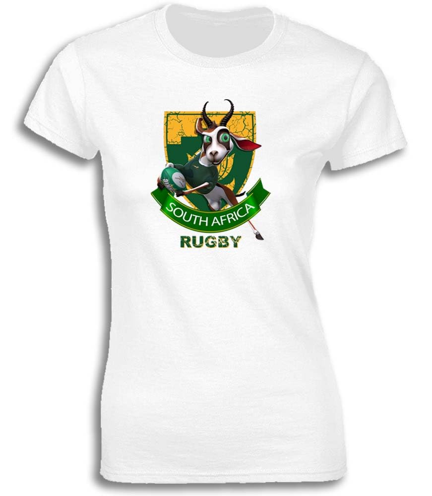 Ay Cabron™ South African Springboks Team Support Fan | Springbok Running With Rugby Ball Team South Africa Cotton T-Shirt For Women