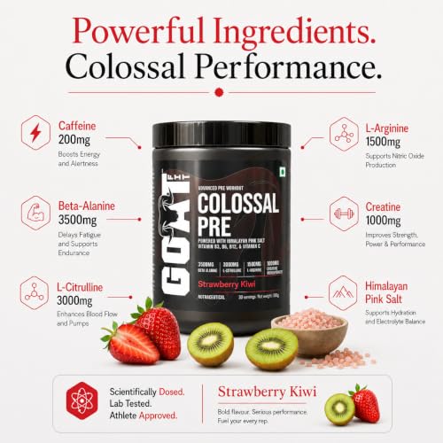 Image of Colossal Pre | PreWorkout Powder (Strawberry Kiwi 180gm 15 Servings) 200mg Caffeine 3.5g Beta-Alanine 3g Citrulline 1.5g Arginine 1g Creatine with Himalayan Pink Salt