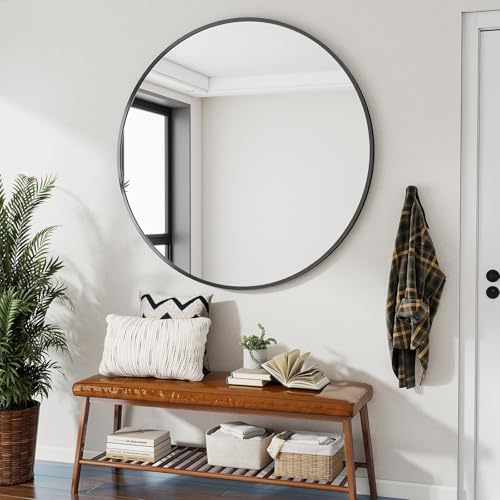 Image of VooBang Black Round Bathroom Mirror, 42 inch Large Circle Wall Mounted Hanging Mirror with Simple Modern Circular Metal Frame for Hallway, Entryway, Living Room, Black Frame