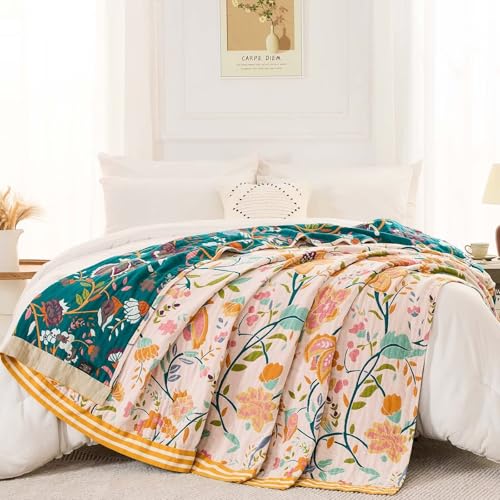 Image of XIBLC Boho Throw Blanket for Bed, 100% Cotton Soft Rustic Quilt Fall Blanket, 60 inchx80 inch Floral Printed Farmhouse Decor Bed Blankets, All Season Rustic Reversible Bohemian Throw Quilt