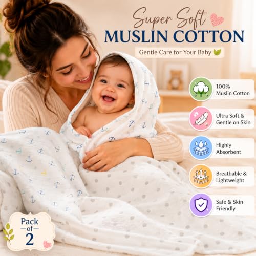 Image of Organic Cotton Muslin Pack of 2 Baby Bath Towel Cotton Cloth Premium Baby Washable, Reusable, Absorbent, Extra Soft 120 X 120 Cm Anchor & Grey Dot
