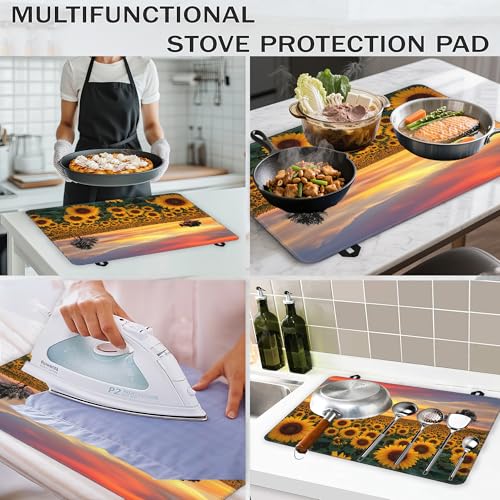 Image of Electric Stove Top Cover,Sunflower Field Stove Cover for Glass Top Electric Stove,Rustic Flowers Heat Resistant Flat Top Stove Mat Countertop Protector, 28 x 20 Inch