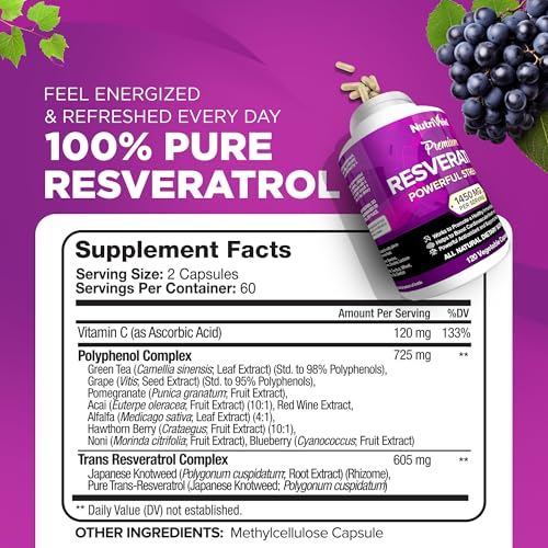 nutrivein premium resveratrol 1450mg - 120 caps pure trans resveratrol supplement enhanced with green tea leaf amp acai berry - aging defenses brain heart and joint support