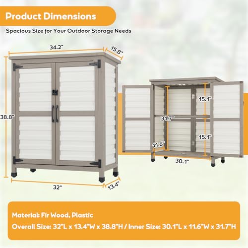 Image of PetsCosset Weatherproof Outdoor Storage Cabinet with Lockable Doors, Wooden & Plastic Garden Patio Storage Box with Adjustable Shelves for Tools, Toys, Pool Accessories, Lawn Equipment