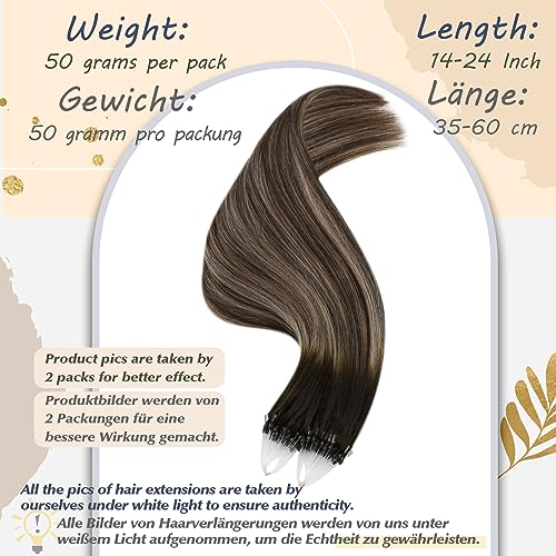 Ugeat 24 inch Micro Beads Hair Extensions Real Human Hair Dark Brown Balayage Micro Hair Extensions Real Human Hair Ash Blonde Ombre Brown 50G/50S #4/18/4 - Image 4